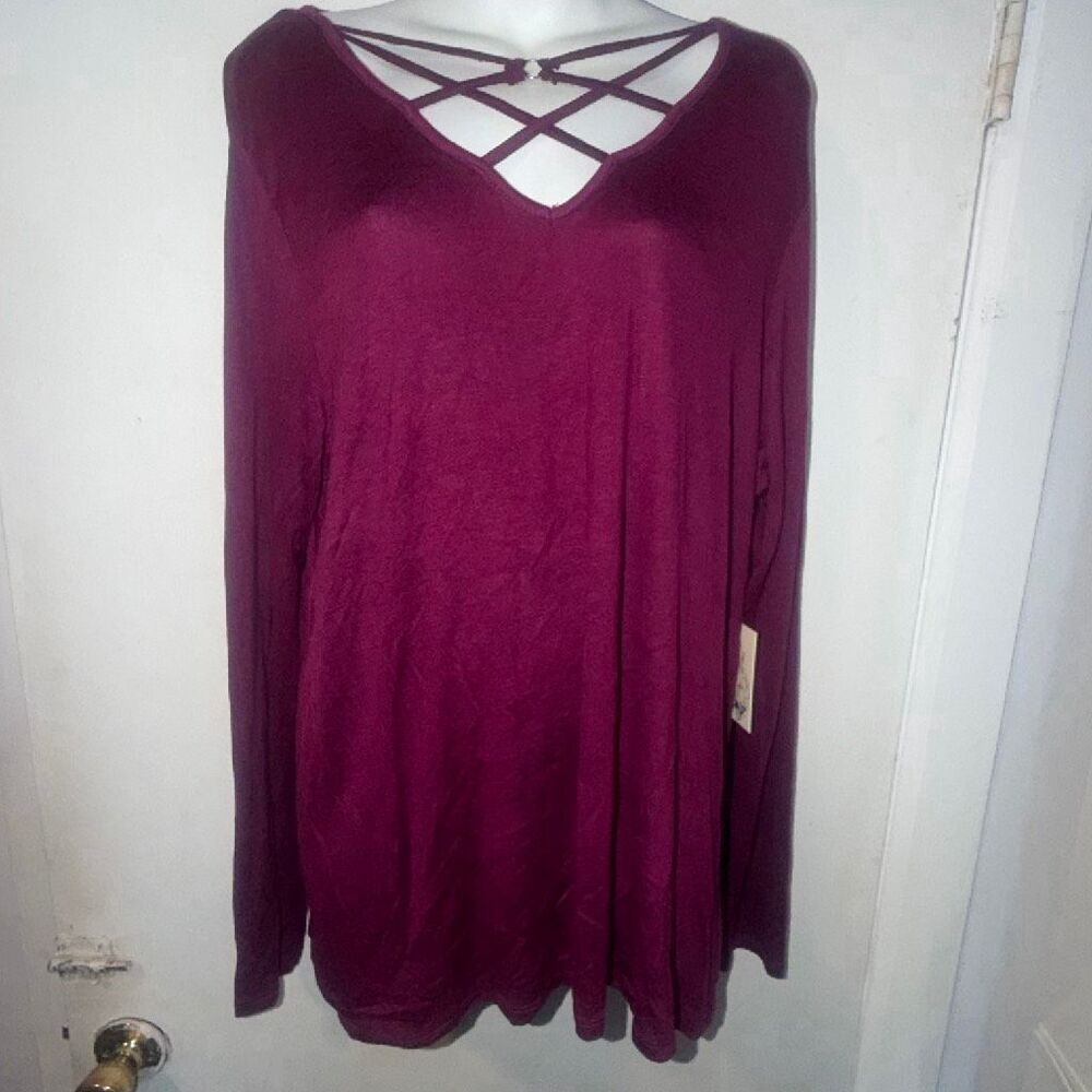 GLITZ Merlot CrissCross Collar Lightweight Long Sleeve Shirt-2X {NWT}